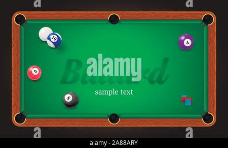 Biliardo poster. Tavolo da biliardo illustrazione dello sfondo con palle da biliardo e biliardo chalk Illustrazione Vettoriale