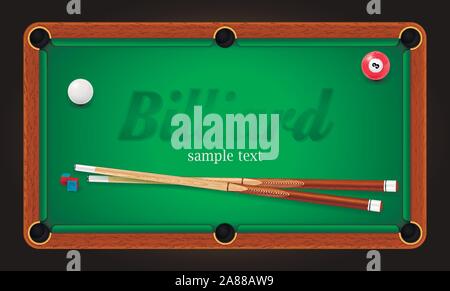 Biliardo poster. Tavolo da biliardo illustrazione dello sfondo con palle da biliardo e biliardo chalk e cue Illustrazione Vettoriale