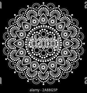 Mandala dot pittura disegno vettoriale, stile aborigeno australiano, arte popolare boho ornamento in bianco su nero Illustrazione Vettoriale