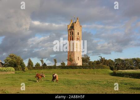 Vista sulla chiesa duecentesca torre in Firdgum Fryslân ( ) contro un cielo tempestoso in tarda serata. Nella parte anteriore due cavalli. Foto Stock