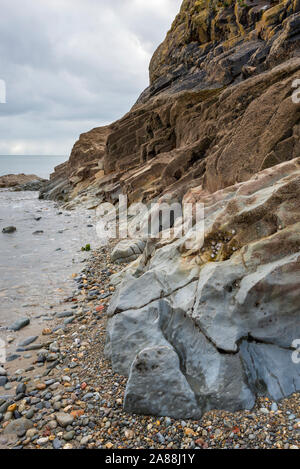 Rhyolitic rocks in scogliere al di sotto del castello a Criccieth Beach, il Galles del Nord. Foto Stock