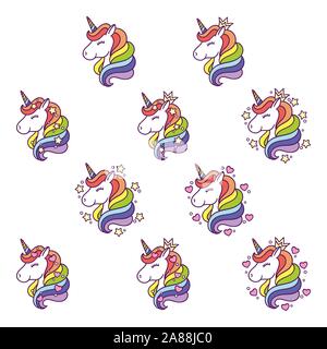 Unicorn set testa con stelle e cuori. Stampe per vestiti del bambino. Carino vivaio disegno d'arte. Illustrazione Vettoriale. Carino unicorn stampa grafica isolati su Illustrazione Vettoriale