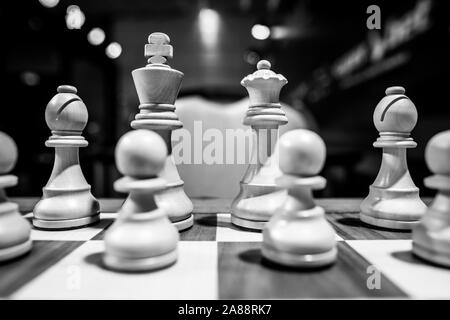 Monocromatico profondità di campo (messa a fuoco selettiva) immagine con scacchi in legno pezzi su un tavolo di legno prima di un concorso professionale. Foto Stock