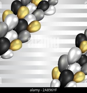 Nero dorato e l'argento di palloncini con telaio bianco lucido sulla superficie striata, grazioso concetto per un elegante biglietto di auguri di compleanno o di vendita, di lusso backdro astratto Illustrazione Vettoriale