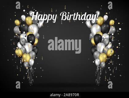 Nero dorato e l'argento elegante happy birthday card con palloncini realistico, sullo sfondo di lusso per il web e la stampa di decorazione Illustrazione Vettoriale