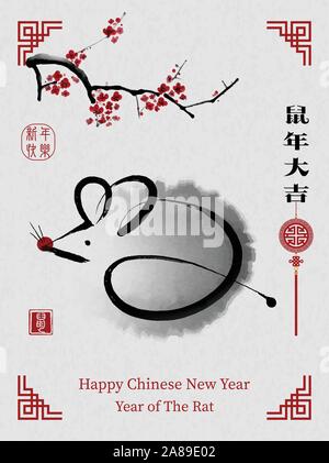 Anno Nuovo cinese, l'anno del ratto. Traduzione: Anno del ratto porta prosperità felicità Illustrazione Vettoriale