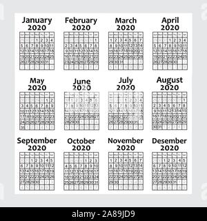 Calendario per il 2020 isolata su uno sfondo bianco. Domenica a Lunedi, il modello di business. Illustrazione Vettoriale eps. 10 Illustrazione Vettoriale