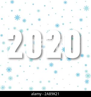 Sfondo bianco blu con i fiocchi di neve. Felice Anno Nuovo Testo con ombra. 2020 Anno nuovo natale. eps 10 Illustrazione Vettoriale