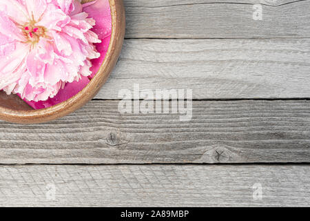 Peonia fiori su un tavolo di legno. Petali di rosa per lo sfondo Foto Stock
