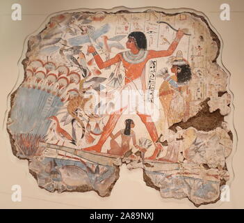 Un murale raffigurante Nebamun caccia nelle paludi presso il British Museum di Londra, Regno Unito Foto Stock