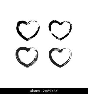 Tratto di pennello Grunge cuori Vector Set. Carino Cuore Nero raccolta di icone isolato su bianco. Simbolo di amore template vettoriale Illustrazione Vettoriale