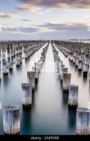 Piloni originali, circa 1912 del Princess Pier a Port Melbourne. Melbourne, Australia. Foto Stock