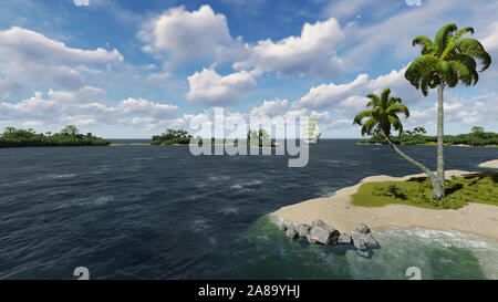 Seascape con una barca a vela nella distanza contro un cielo nuvoloso e Isola con palme Foto Stock