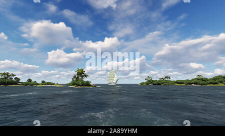 Seascape con una barca a vela nella distanza contro un cielo nuvoloso e Isola con palme Foto Stock