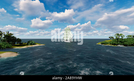 Seascape con una barca a vela nella distanza contro un cielo nuvoloso e Isola con palme Foto Stock