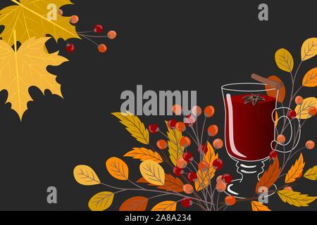 Nero lo sfondo in autunno con le foglie colorate e un bicchiere di vin brulé Illustrazione Vettoriale