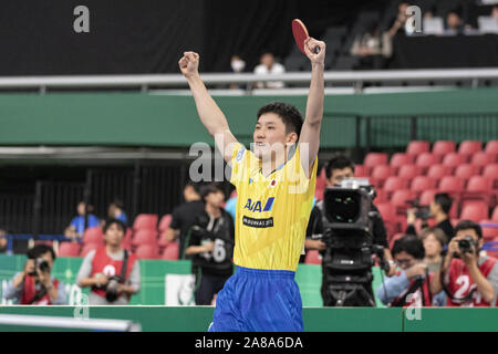 Tokyo, Giappone. 7 Nov, 2019. Tomokazu Harimoto del Giappone vince uomini del team quarti di finale match contro Patrick Franziska di Germania presso l'International Table Tennis Federation () ITTF World Team Cup Tokyo 2019 presso il Tokyo Metropolitan palestra. Il Giappone sconfigge la Germania 3-1. Credito: Rodrigo Reyes Marin/ZUMA filo/Alamy Live News Foto Stock