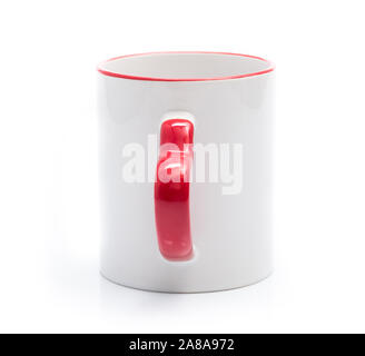 Tazza bianca con manico rosso a forma di cuore Foto Stock