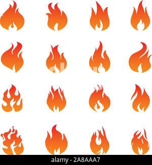 Grande raccolta di fuoco e fiamme le icone su sfondo bianco. Illustrazione vettoriale e grafica degli elementi di contorno. Illustrazione Vettoriale