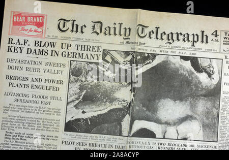 La prima pagina del Daily Telegraph (replica), 18 maggio 1943, il giorno dopo il Dam Busters raid. Foto Stock