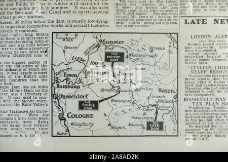 All'interno di pagina che mostra una mappa della Valle della Ruhr e le dighe di irruzione nel Daily Telegraph (replica), 18 maggio 1943, il giorno dopo il Dam Busters raid. Foto Stock