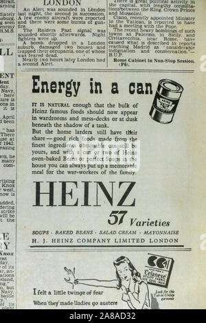 Annuncio per Heinz fagioli al forno, "Energia in un possibile', nel Daily Telegraph (replica), 18 maggio 1943, il giorno dopo il Dam Busters raid. Foto Stock