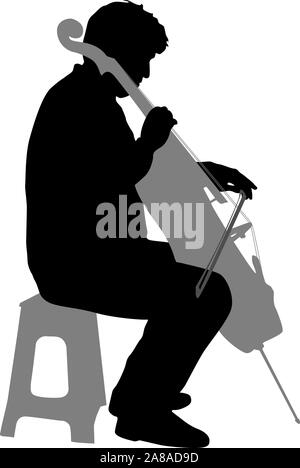 I contorni di un musicista che gioca il violoncello su uno sfondo bianco. Illustrazione Vettoriale