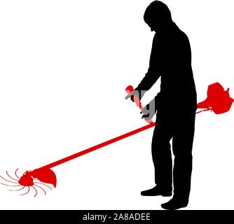 Silhouette lavoratore di un giardino interrompe l'erba. Illustrazione Vettoriale
