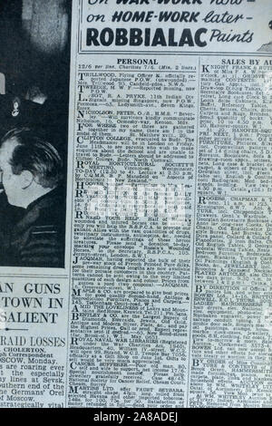 Annunci personali in Daily Telegraph (replica), 18 maggio 1943, il giorno dopo il Dam Busters raid. Foto Stock