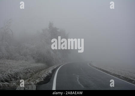 Alberi ghiacciati e una autostrada su una nebbia giornata invernale in Alta Rhön, Baviera, Germania Foto Stock