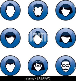Set di pulsanti di colore blu per il web. Teste umane e silhuettes. Quanto riguarda le ralazioni interpersonale e comunicazione. Social media. Vettore illustrazione di contorno e l'icona Illustrazione Vettoriale