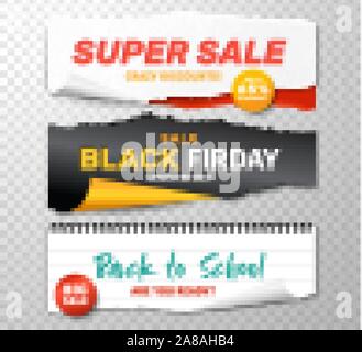 Vendita banner con realistica strappato vettore di carta impostato per il Black Friday sconti poster. Si torna a scuola offre, Super Vendite. Pezzi di carta con bordi frastagliati, isolato su sfondo trasparente Illustrazione Vettoriale