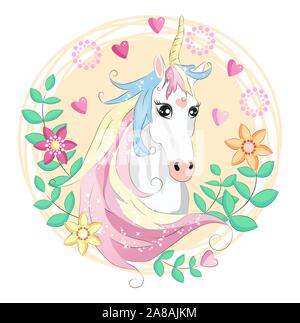 Unicorn faccia. Pony belle facce unicorns, corno magico in arcobaleno ghirlanda di fiori e pony simpatico testa di ciglia, fairytale arcobaleno cartoon magica isola Illustrazione Vettoriale