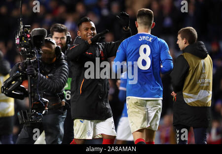 Rangers Alfredo Morelos celebra dopo la UEFA Europa League a Ibrox Stadium, Glasgow. Foto Stock