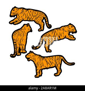 Tigri gatto selvatico vector set. Orange tigre del Bengala animali icone per stampare o tatuaggio Design. Disegnate a mano lo Zoo di Freehand illustrazione. Disegno di arte isolate di animale da circo Illustrazione Vettoriale