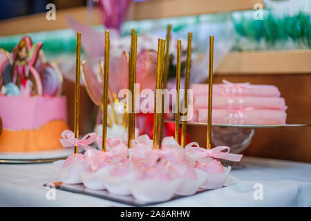 Caramelle fatte in casa su un bastone. Candy Bara s decor per ragazze s compleanno dolci fatti da sani prodotti naturali. Foto Stock