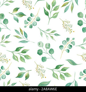 Rametti di alberi con foglie acquerello raster pattern senza giunture. Green leafage aquarelle illustrazione. Rami freschi trama decorative. Botanico minimalista Foto Stock