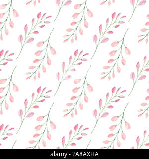 Rami con boccioli di fiori acquerello raster pattern senza giunture. Boccioli rosa aquarelle illustrazione. Bella infiorescenza texture. Piante in fiore b Foto Stock