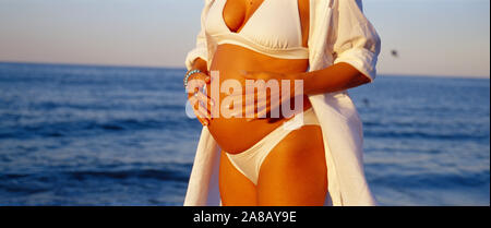 Metà vista in sezione di una donna incinta toccando il suo addome, Oak Street Beach, Chicago, Illinois, Stati Uniti d'America Foto Stock