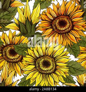 Girasoli campo vettore seamless pattern per il tessuto di design. Colori piatti, facile da stampare. Giallo e arancio fiori selvaggi con semi di miele e di ringraziamento sfondi design. Illustrazione Vettoriale