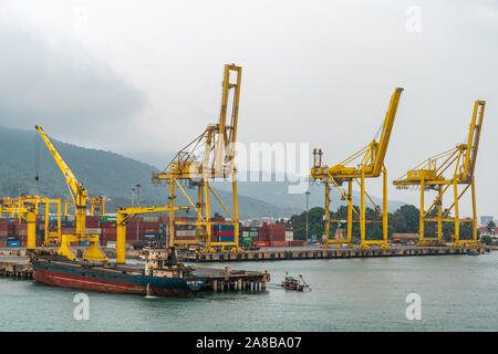 Da Nang, Vietnam - Marzo 10, 2019: Tien Sa Porto di Da Nang Bay. Nuvole pesanti appendere su verdi colline nel retro del terminale per container con gru giallo un Foto Stock