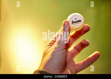 Mano che tiene un ping pong palla Foto Stock