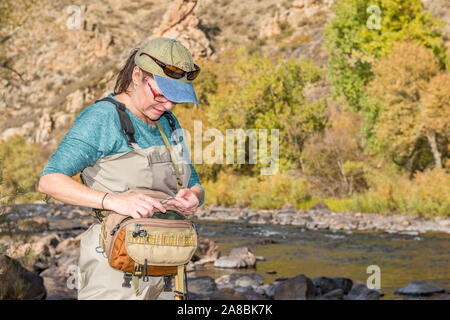 Una donna che prepara la sua canna da pesca con la linea e un gancio come ella capi sulla Poudre fiume per un pomeriggio di pesca. Foto Stock