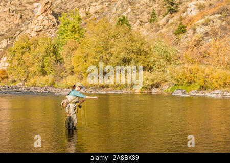 Una donna che prepara la sua canna da pesca con la linea e un gancio come ella capi sulla Poudre fiume per un pomeriggio di pesca. Foto Stock