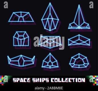 80s neon stile navi spaziali con laser griglia geometrica Illustrazione Vettoriale
