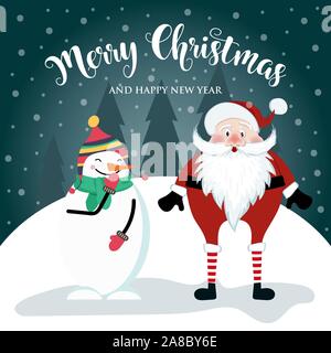 Scheda di Natale con graziosi Santal, pupazzo di neve e desideri. Design piatto. Vettore Illustrazione Vettoriale