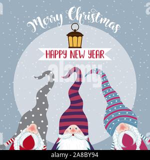 Scheda di Natale con simpatici gnomi e desideri. Design piatto. Vettore Illustrazione Vettoriale