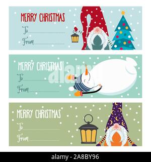 Carino il design piatto di Natale raccolta di etichette con pupazzi di neve e gli gnomi isolati su sfondo bianco per i regali. Vettore Illustrazione Vettoriale