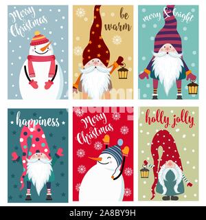 Scheda di Natale raccolta con pupazzo di neve e gli gnomi. Etichette. Gli adesivi. Design piatto Illustrazione Vettoriale