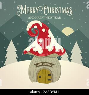 Bella retrò scheda di Natale a fungo casa di fata. Design piatto. Vettore Illustrazione Vettoriale